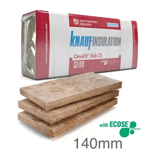 140mm Knauf Omnifit 35 - Multipurpose Glass Wool Insulation Slab - 1200mm x 600mm (pack of 4) 140mm Knauf Omnifit 35 - Multipurpose Glass Wool Insulation Slab - 1200mm x 600mm (pack of 4)