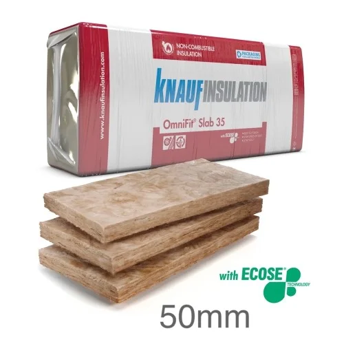 50mm Knauf Omnifit 35 - Multipurpose Glass Wool Insulation Slab - 1200mm x 600mm (pack of 12) 50mm Knauf Omnifit 35 - Multipurpose Glass Wool Insulation Slab - 1200mm x 600mm (pack of 12)