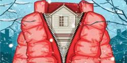 Cartoon illustration of a person in a red winter coat inside a house frame