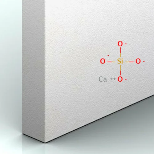 Close-up of a white calcium silicate board with a chemical formula graphic.