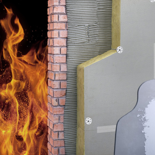 Graphic showing flames on one side of a wall and fire protection insulation resisting the heat on the other.