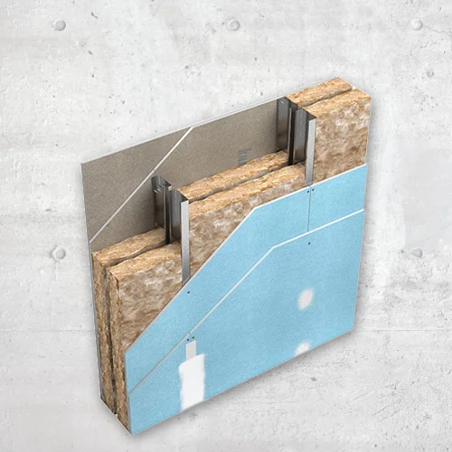 Diagram showing a cutaway of a gypsum-based acoustic wall panel system.