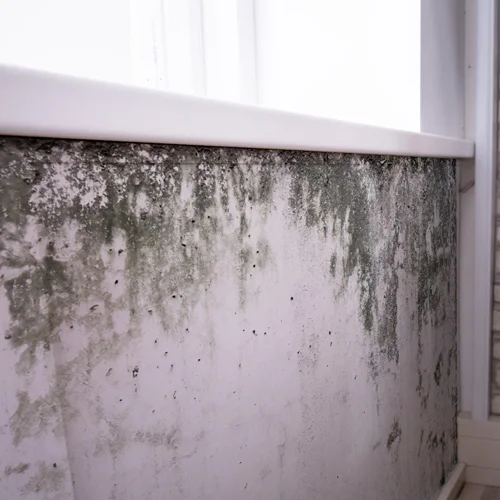 Interior white wall heavily affected by dark black mould growth.