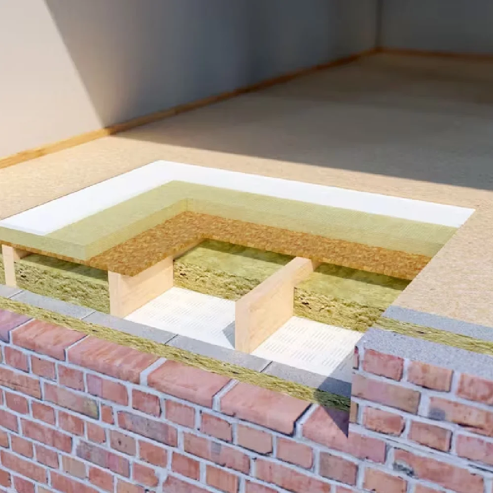 Diagram of acoustic insulation batts installed in a brick cavity wall.