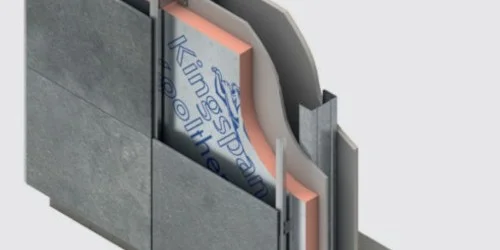 Close-up of grey phenolic insulation board with foil facing
