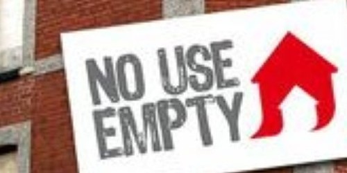 Signage reading "No Use Empty" attached to a house graphic