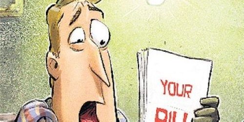 Cartoon illustration of a man looking shocked at a bill