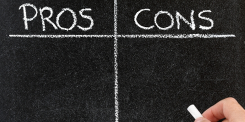 Chalkboard with "PROS" and "CONS" columns drawn on it