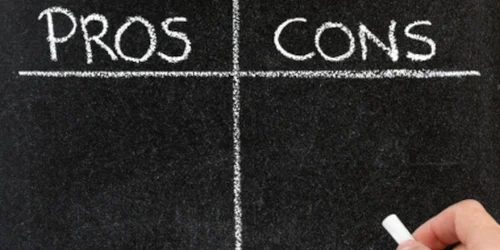 Chalkboard with "PROS" and "CONS" columns drawn on it