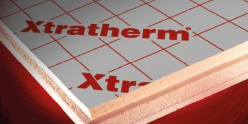 Stack of foil-faced PIR insulation boards with red branding