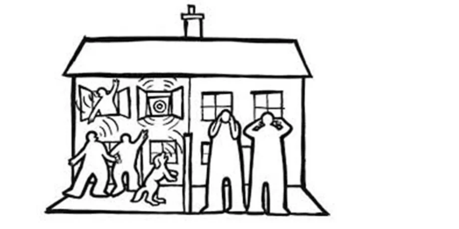 Illustration of a house with figures representing neighborhood noise