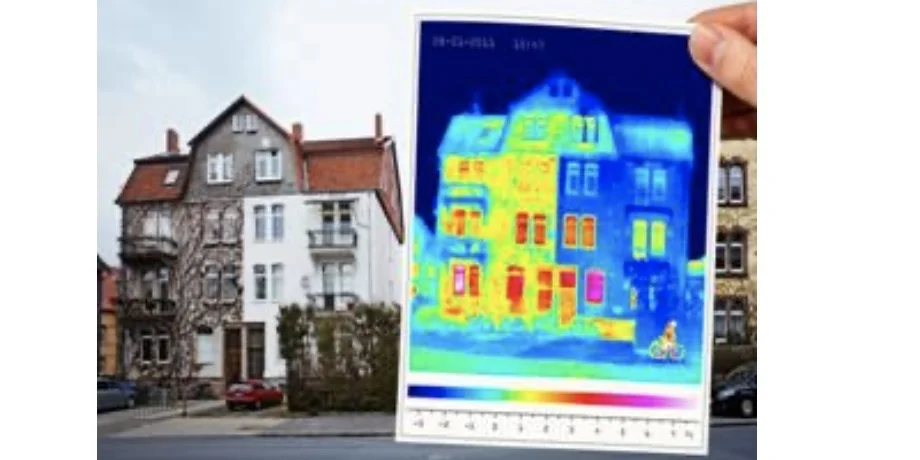 Hand holding a thermal heat scan image of a house exterior
