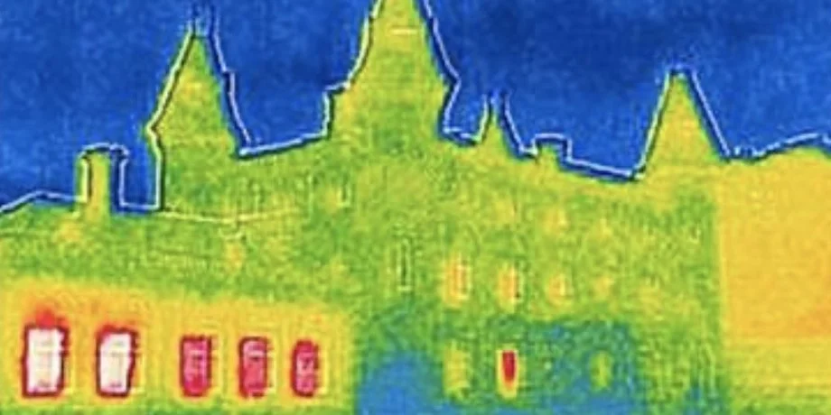 Thermal camera scan of a building exterior showing heat loss