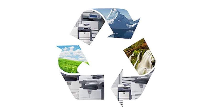 Recycling symbol containing composite images of nature and industry