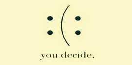 Minimalist graphic featuring a face and the text "you decide" on a yellow background