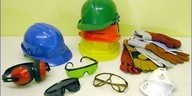 Colorful construction safety helmets and goggles