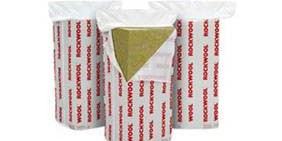 Three packages of Rockwool Flexi insulation slabs standing upright