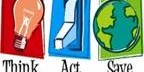 Graphic with lightbulb plug and globe icons "Think Act Save"