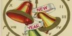 Clock face with Christmas bells and "Happy New Year"