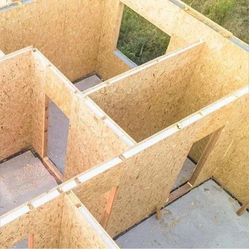 Structural Insulated Panels (SIPs) assembled to form the wooden framework of a house.