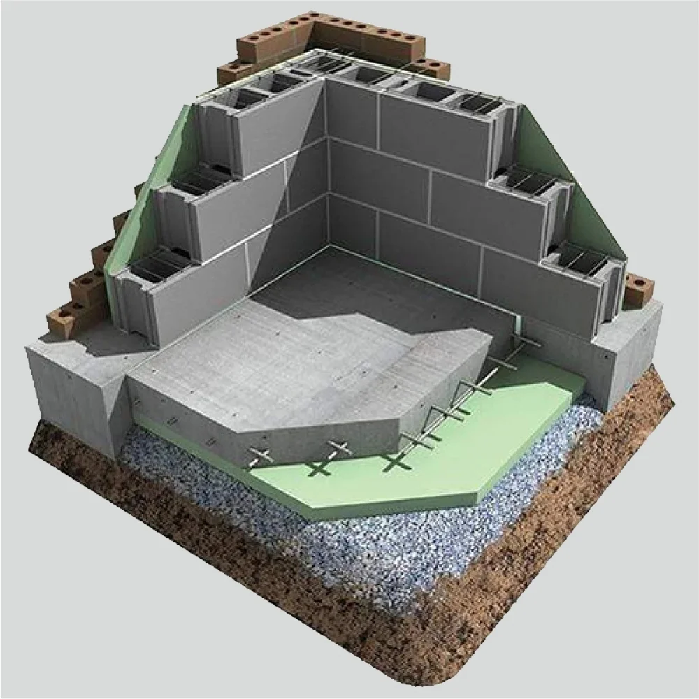 3D cutaway showing moisture-resistant foundation membranes and basement insulation layers.