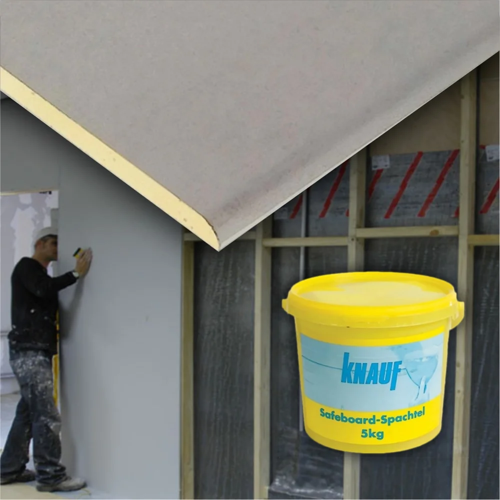 Worker installing Knauf Safeboard X-ray protection plasterboard next to a tub of Safeboard jointing compound.