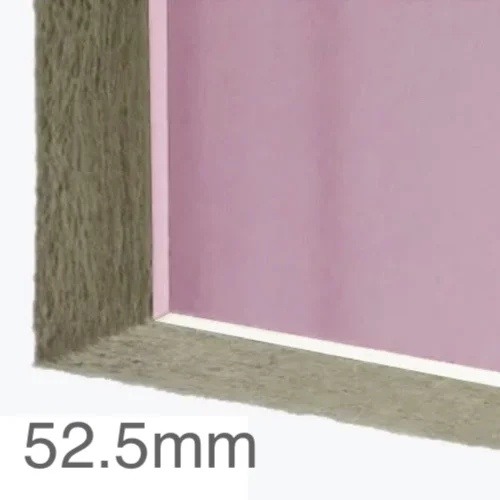 52.5mm Thermal and Acoustic Wall Panel - 40mm Rockwool Slab (A1) bonded to 12.5mm Fire Resistant Plasterboard (A2) - 1200mm x 2400mm 52.5mm Thermal and Acoustic Wall Panel - 40mm Rockwool Slab (A1) bonded to 12.5mm Fire Resistant Plasterboard (A2) - 1200mm x 2400mm