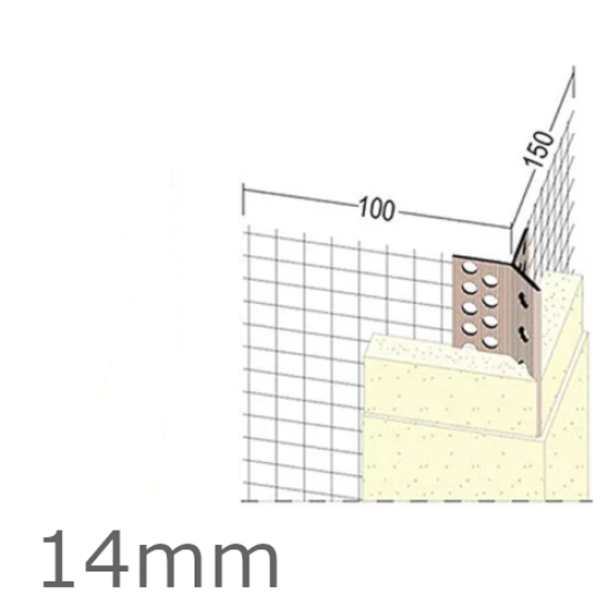 14mm Mesh Wing PVC Corner Profile with Extended Arris - 100x150mm Wings - 2.5m length (pack of 25).